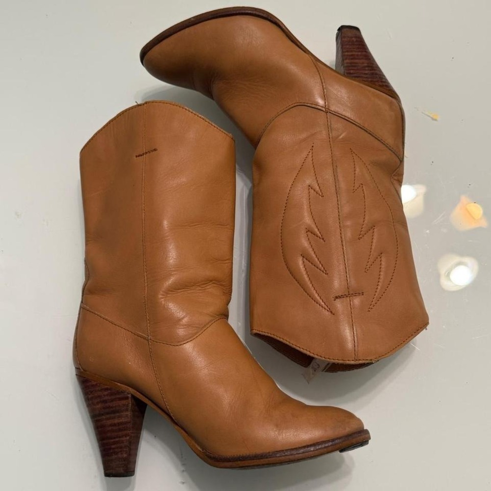 👢 Tan Leather Western Cone Heel Mid-Calf Boots — Size 6.5 (Women's)
